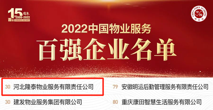 榮耀再續(xù) | 隆泰物業(yè)榮膺“中國物業(yè)服務百強企業(yè)”第30位！(圖2)